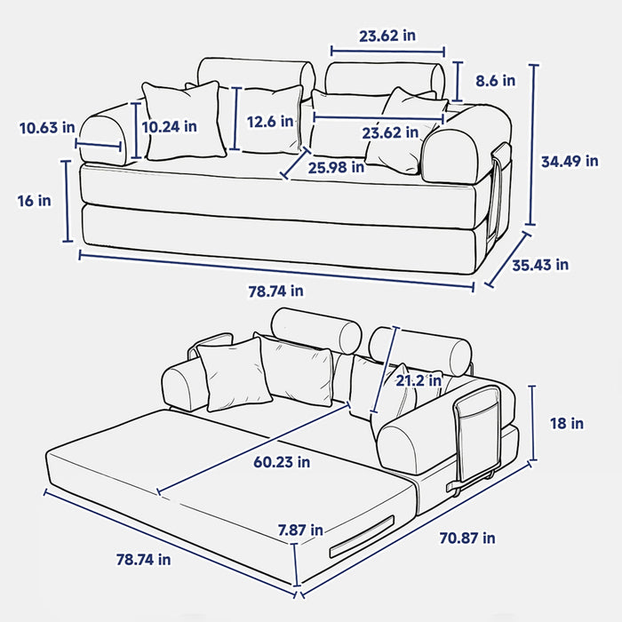Convertible Sleeper Sofa Bed, Foldable Multi Functional Couch For Living Room - Navy / Red