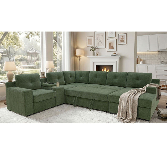 U - Shape Sectional Pull Out Bed With Console, Storage, And USB Charging