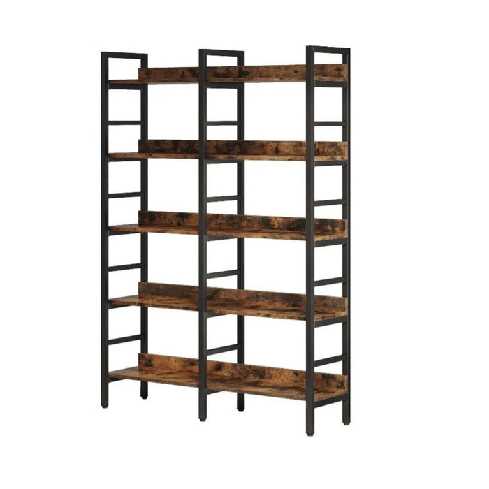 5 Tier Double Wide Bookshelf For Living Room - Rustic Brown