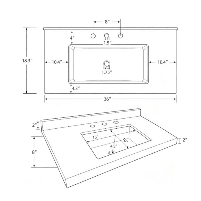 Basin Sink With 2" Thick Rim, Triple Faucet Holes, Sink Only