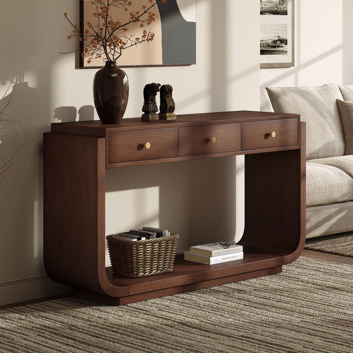 Console Table With 3 Drawers, Display Shelf, Curved Legs - Walnut