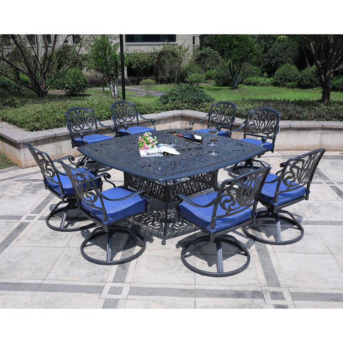 Square 8 Person 64" Long Aluminum Dining Set With Cushions