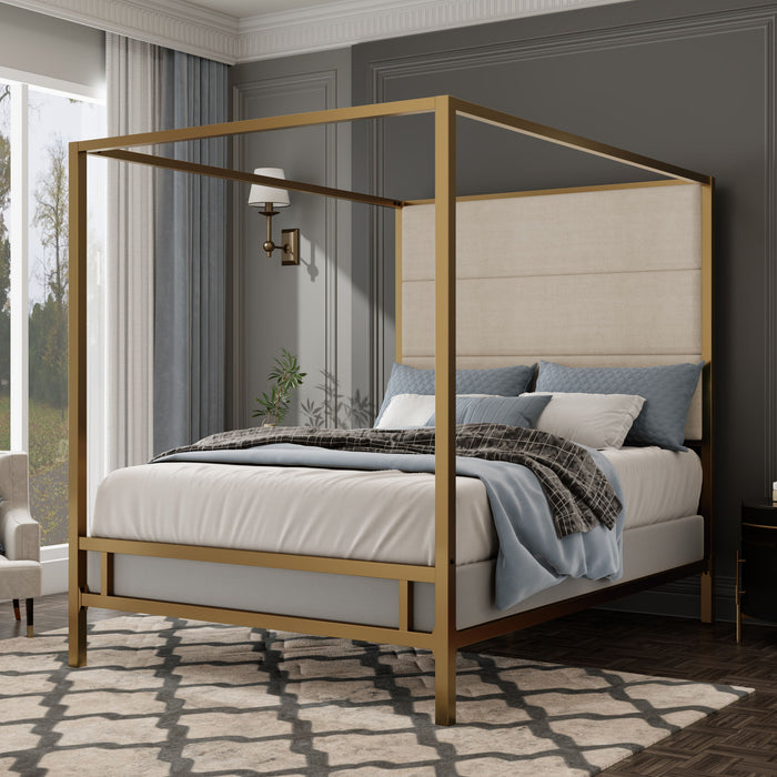 Canopy Bed With Tall Upholstered Headboard, 4 Poster Frame