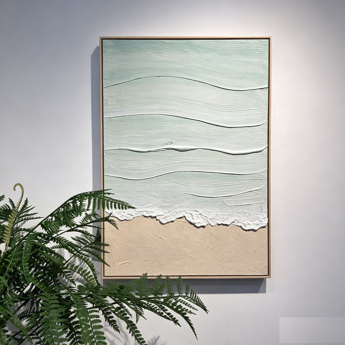 Framed Beach Wall Art, Textured Canvas Painting, Neutral Ocean Decor For Living Room - Beige / Blue
