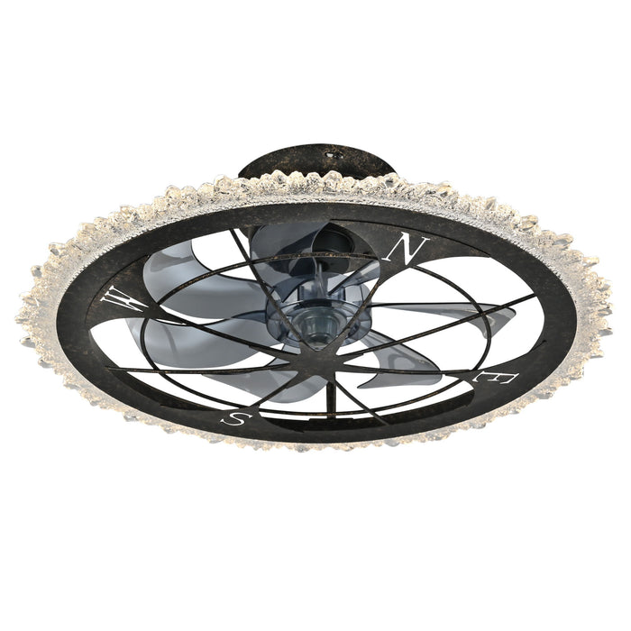 Caged Ceiling Fan & Remote Controlled Dimmable LED Lights, Flush Mount Fan, Low Profile Design - Antique Black