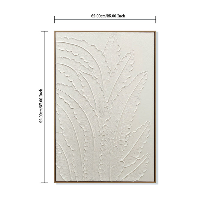 Framed Botanical Leaf Wall Art, Thick Textured Canvas Painting, Neutral Decor For Living Room - White