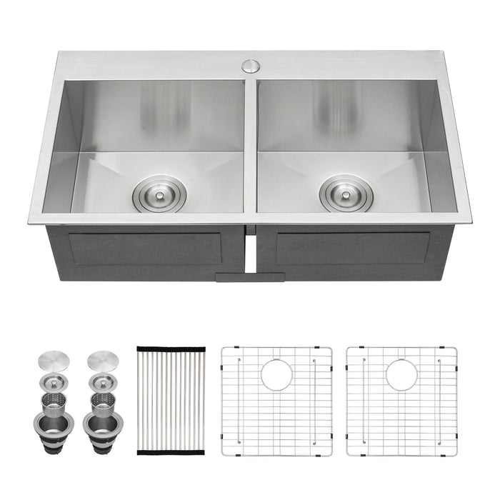 Double Bowl Drop In Sink, Stainless Steel With 50 / 50 Basins 18 Gauge - Brushed Nickel