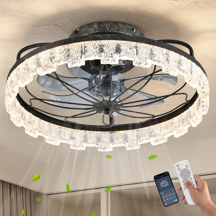 21" Caged Ceiling Fan With Remote Controlled Acrylic LED Lights - Antique Black