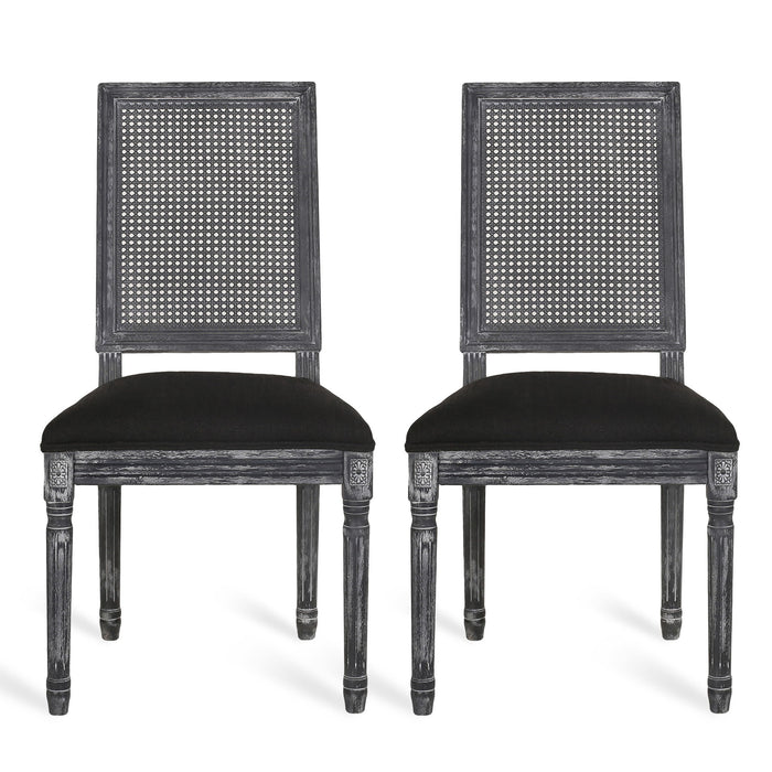 French Country Dining Chair With Rectangular Cane Backrest And Smooth Upholstered Seating