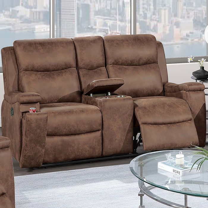 1 Piece Manual Motion Loveseat Hidden Cup Holder Console With Plush Back Cushion For Living Room - Walnut