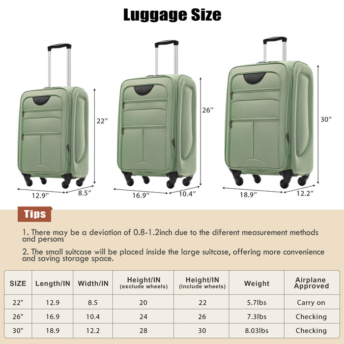 Softside Luggage Expandable 3 Piece Set Upright Spinner Lightweight Suitcase