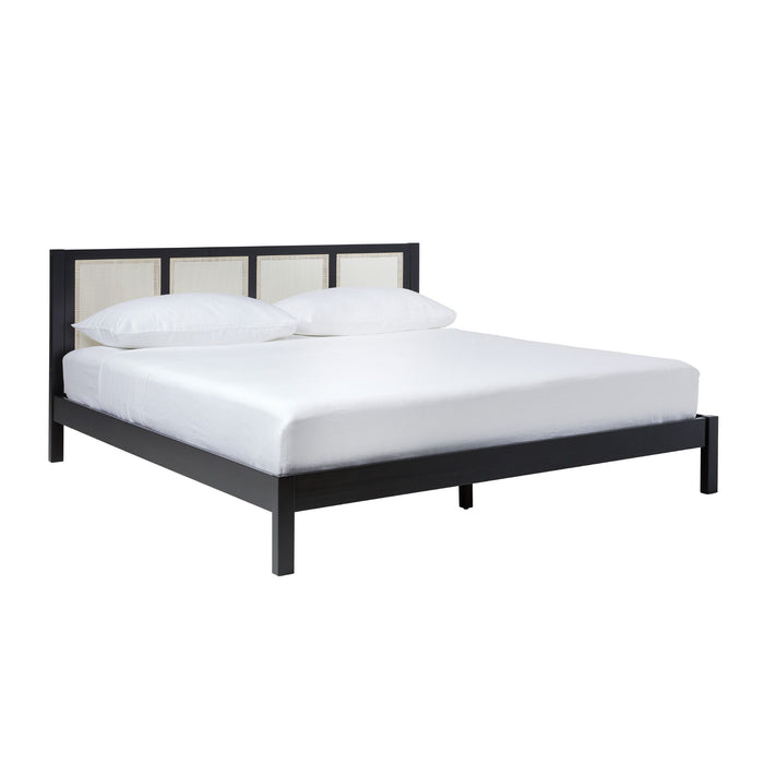King Bed With Rattan Panel Headboard - Black