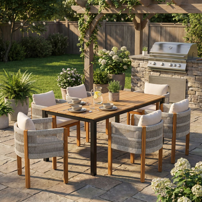 7 Piece Outdoor Dining Set With Table And 6 Chairs - Beige / Teak / White