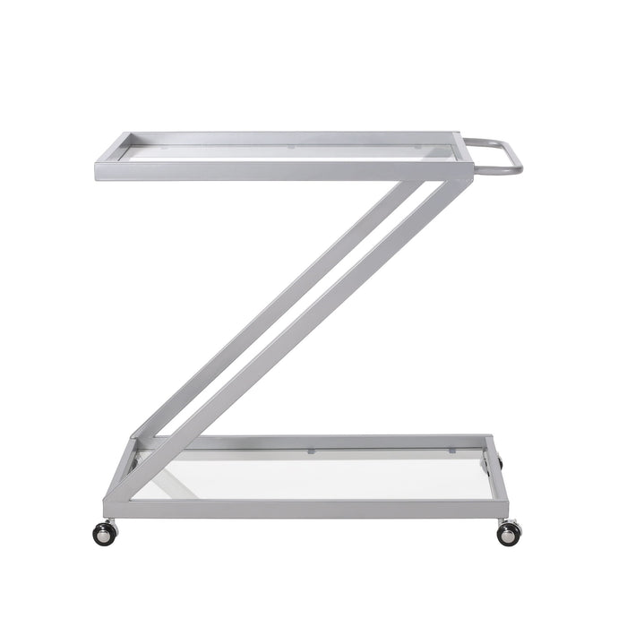 Modern Z Shaped Bar Cart With Tempered Glass Shelves - Silver
