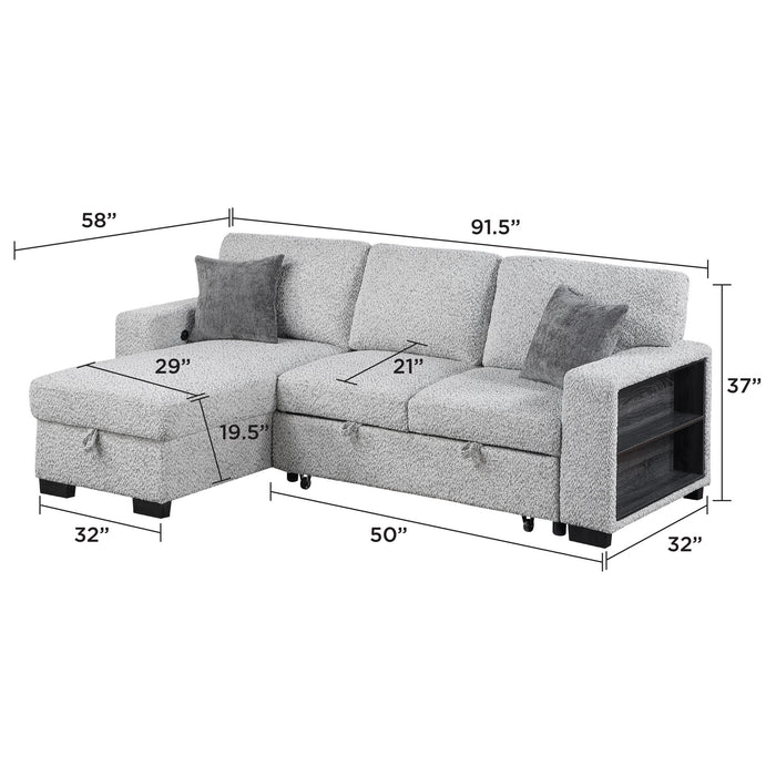 Buzz - Reversible Sleeper Sectional Sofa With Storage Chaise, Console Arm, USB Charging & Cup Holders - Gray