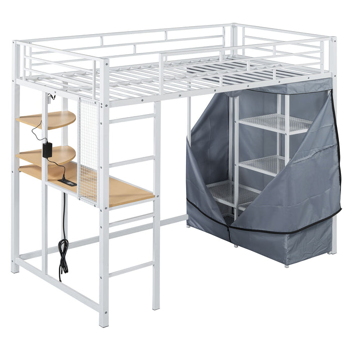 Loft Bed With Desk, Shelves, Power Outlet, LED Light And Wardrobe