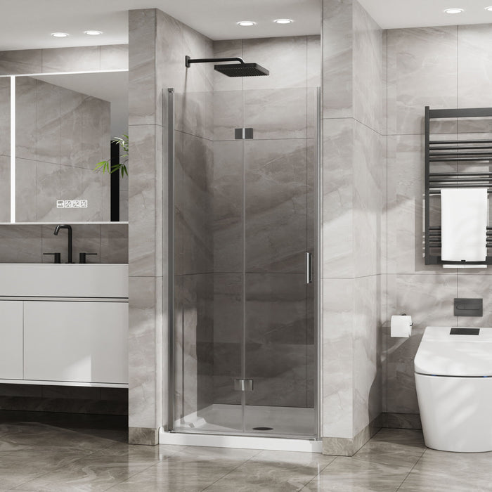 Bifold Frameless Glass Shower Door With Pivot Swing Panel, Tempered Clear Glass