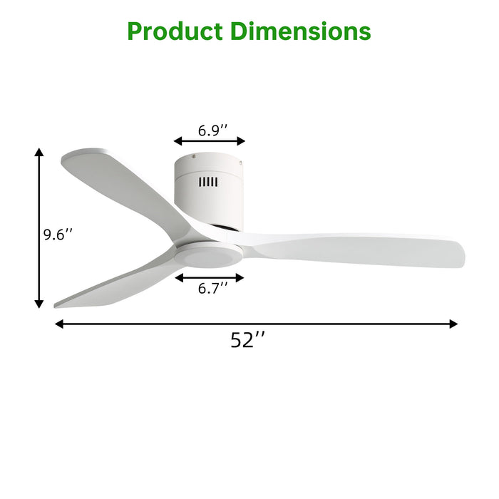 52" Flush Mount Ceiling Fan With Remote, No Light, 3 Blades, 6 Speed DC Motor For Indoor Patio - White