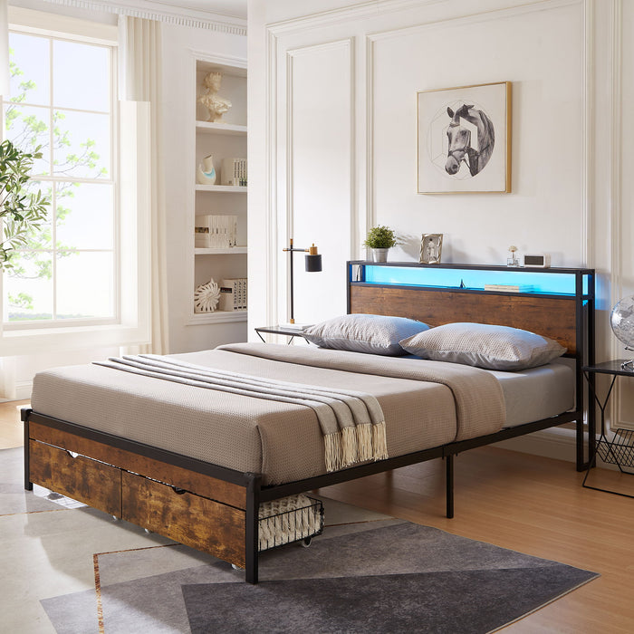 Modern Metal Platform Bed Frame With Wooden Headboard, USB Charging, LED Lights, And Storage
