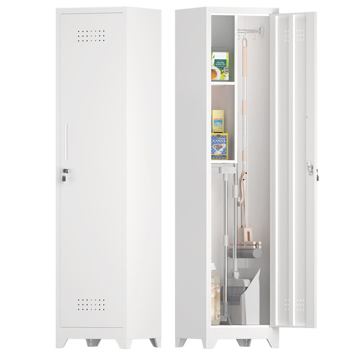 Broom Storage Cabinet Narrow Slim With Hooks And Shelves, Heavy-Duty