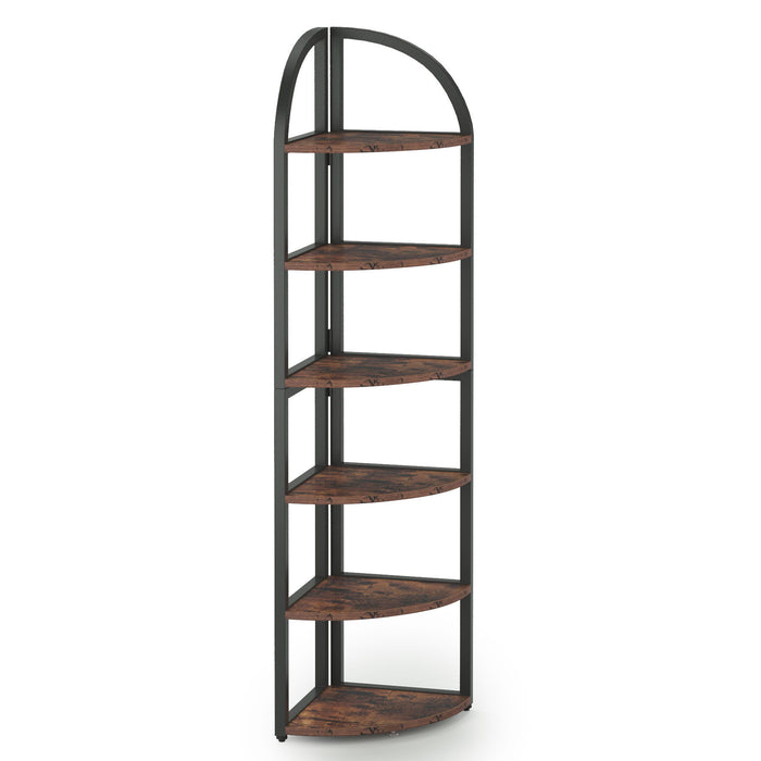 Tall 6 Tier Corner Shelf, Freestanding Bookshelf For Living Room - Rustic Brown