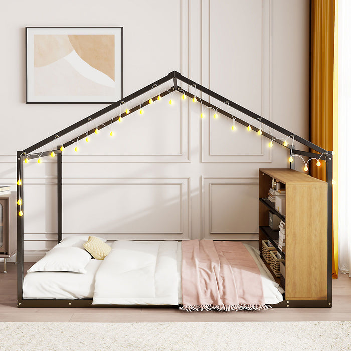 Bed House Frame With Shelves And Lights