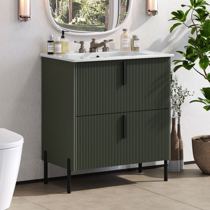 Bathroom Vanity With Ceramic Sink, Fluted Design