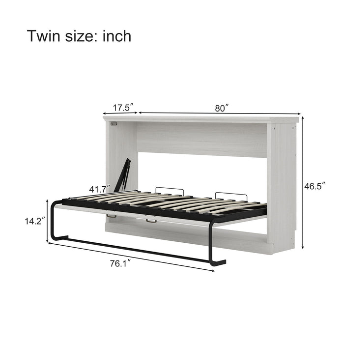 Twin Size Horizontal Murphy Bed With Dual Piston System, Space Saving Wall Bed Folds Into Cabinet - Rustic White