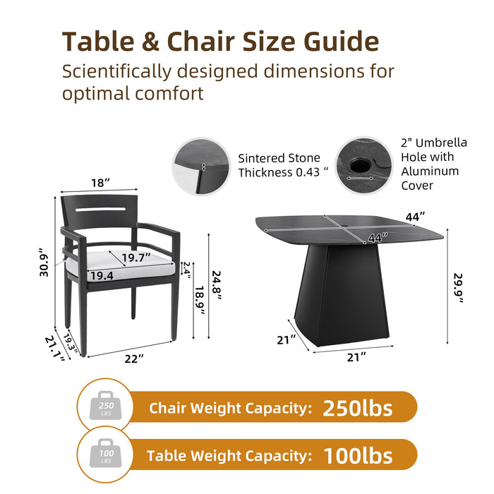 Outdoor Patio Dining Set, Squircle Dining Table, Dining Chairs With Sunbrella Cushions