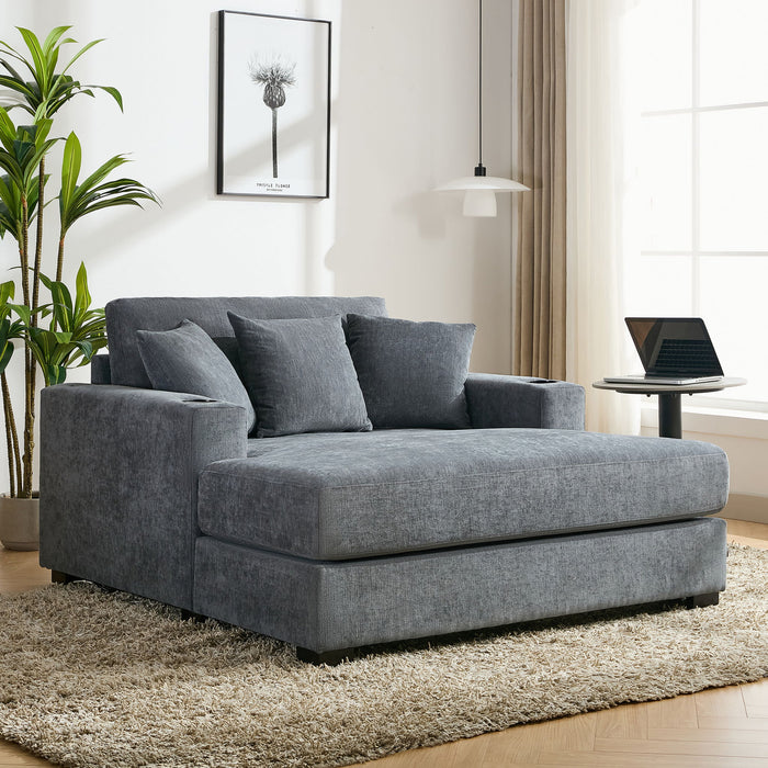 Oversized Chaise Lounger Modern Style Sofa Couch With Pillows, Charge Station & Cup Holders