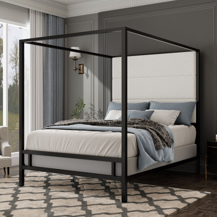 Canopy Bed With Tall Upholstered Headboard, 4 Poster Frame