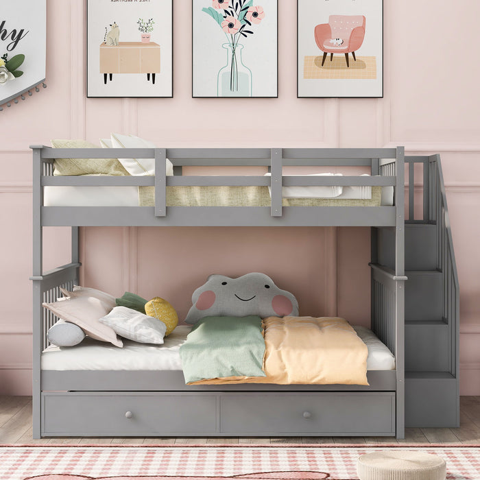 Stairway Bunk Bed With Storage And Guard Rail For Bedroom