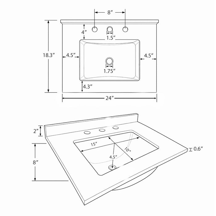 Basin Sink, 0.6" Ultra Thin Profile, Triple Faucet Holes, Sink Only