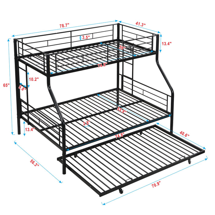 Twin Over Full Modern Metal Bunk Bed With Trundle - Black