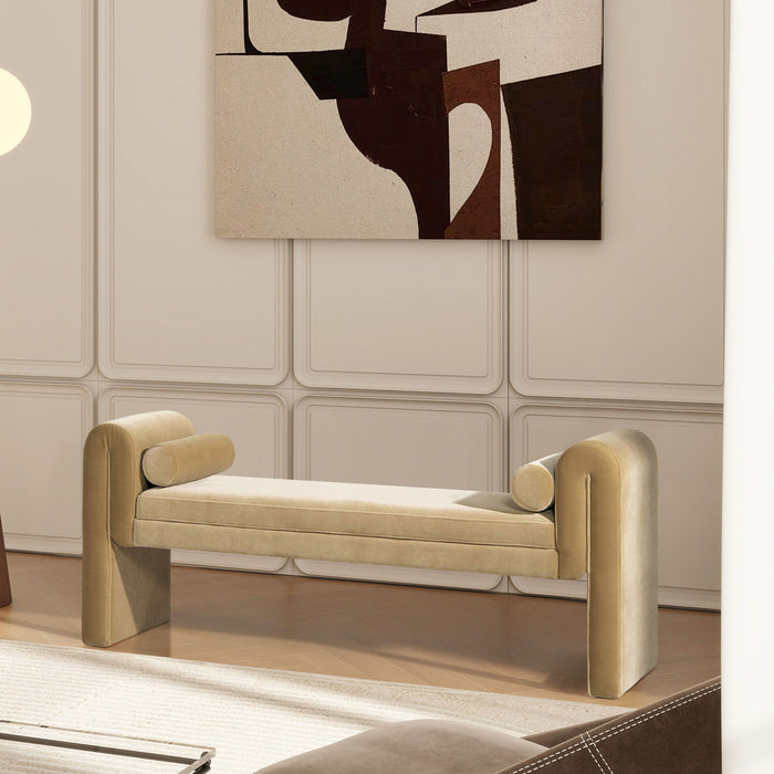 Mason - Arched Arm Bench With Bolster Pillows - Camel Brown Beige