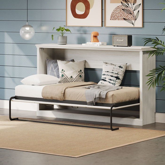 Twin Size Horizontal Murphy Bed With Dual Piston System, Space Saving Wall Bed Folds Into Cabinet - Rustic White