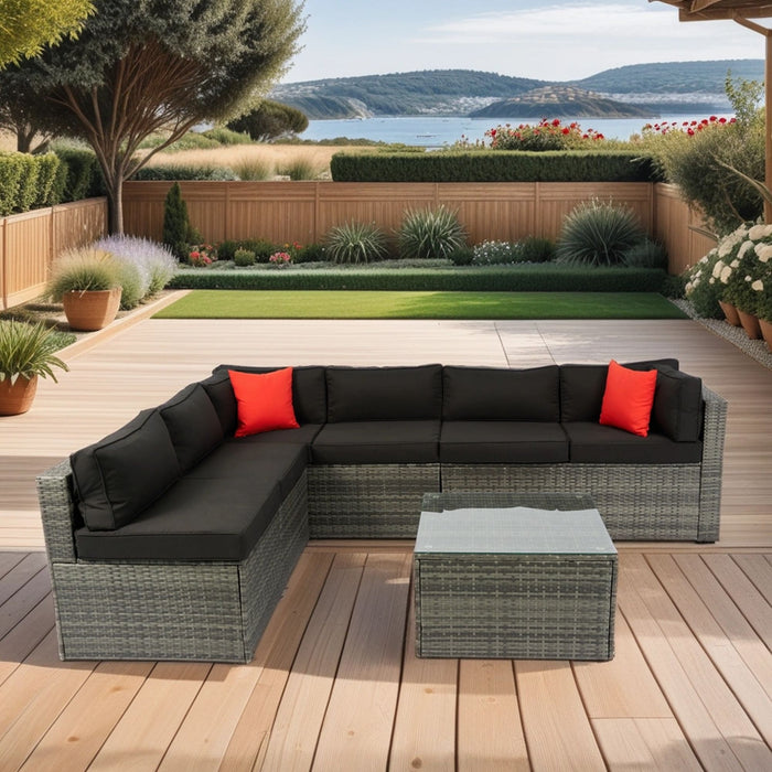 5 Pieces Rattan Sectional Outdoor Furniture Cushioned U Sof Set With 2 Pillow - Gray / Black