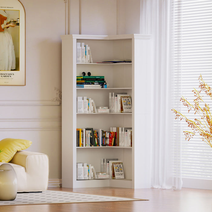 Modern 5 Tier Corner Bookshelf With Adjustable Storage For Bedroom And Living Room - White