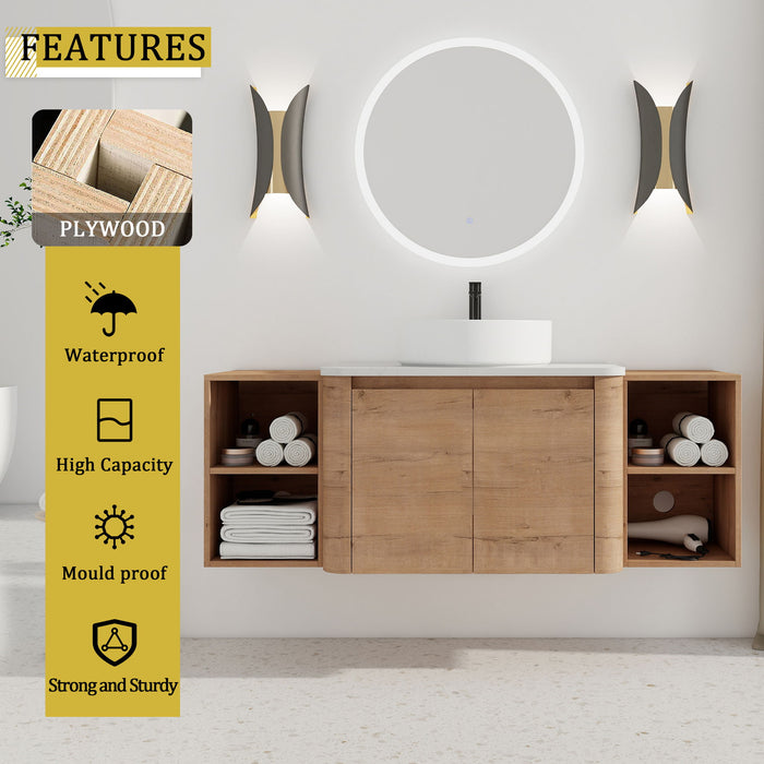 Wall Mounted Bathroom Vanity With Art Sink, 2 Storage Shelves, Soft Close Door