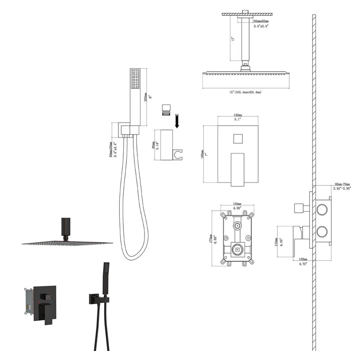 Dual Shower Head 16" Ceiling Mount Square Shower System With Rough In Valve