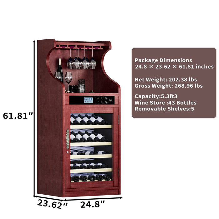 Wine Cooler Cabinet With Touch Control, 43 Bottle Capacity, Humidity & Temperature Regulation - Cherry