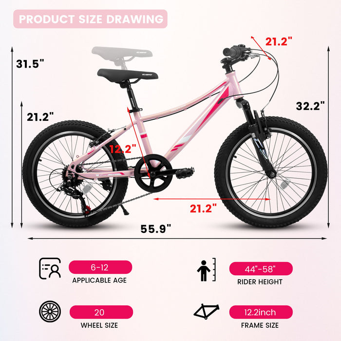 20" Children's Bicycle Shock Absorbing Front Fork 7 Speed V Brakes Mountain Tire Boys And Girls Kids Bike For Outdoor Adventure - Pink