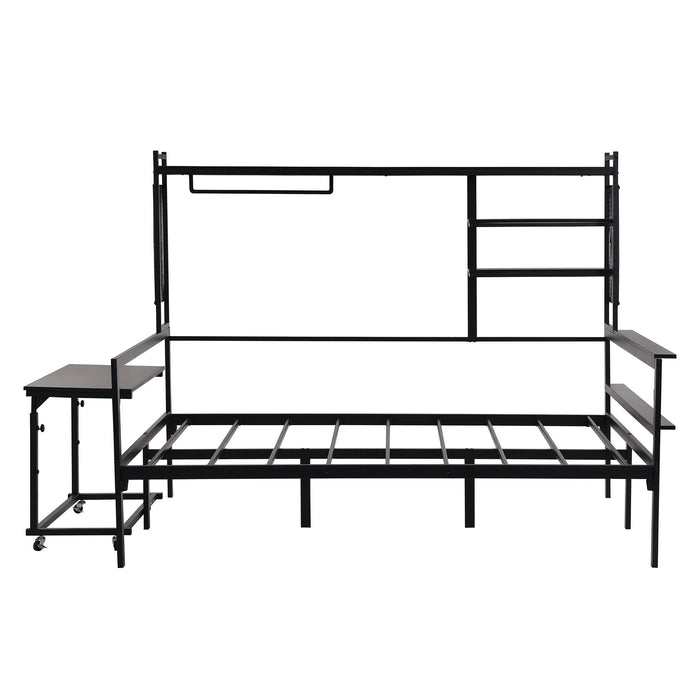 Daybed With Movable Desk, Grid, Shelves And Clothes Hanger