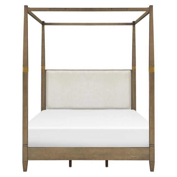 Queen Canopy Bed Frame With Upholstered Headboard - Brown