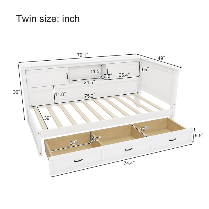 Twin Size L - Shaped Captain Bed With Drawer And Bookcase, LED Downlight And USB Charging Station - White