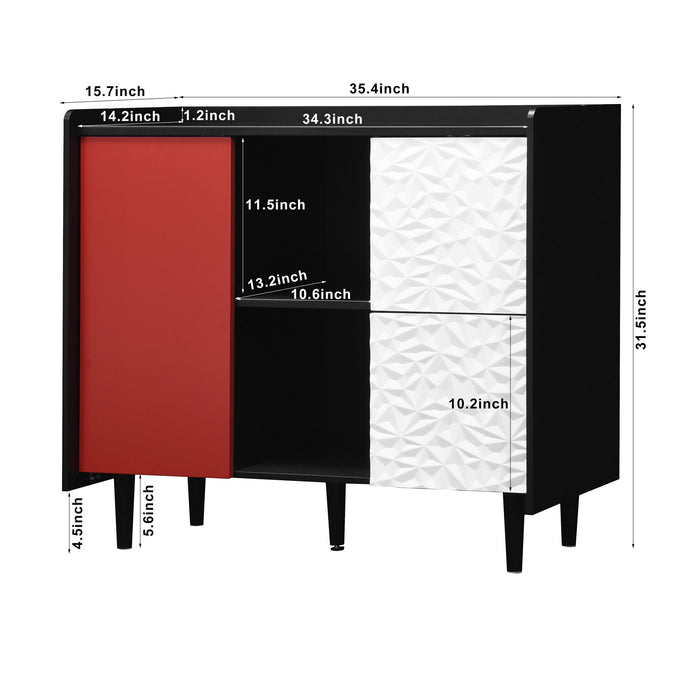 Modern Sideboard Buffet Cabinet With Red Doors And Unique Panel Styling