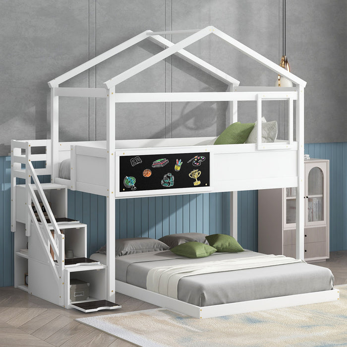 House Style Bunk Bed With Storage Staircase And Blackboard
