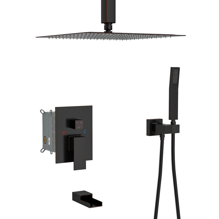 Modern Shower System With Waterfall Tub Spout, 12" Ceiling Mount Square Shower