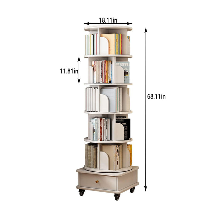 Rotating Bookshelf With Wheels And Drawer, 360° Spinning Design, Space Saving Storage
