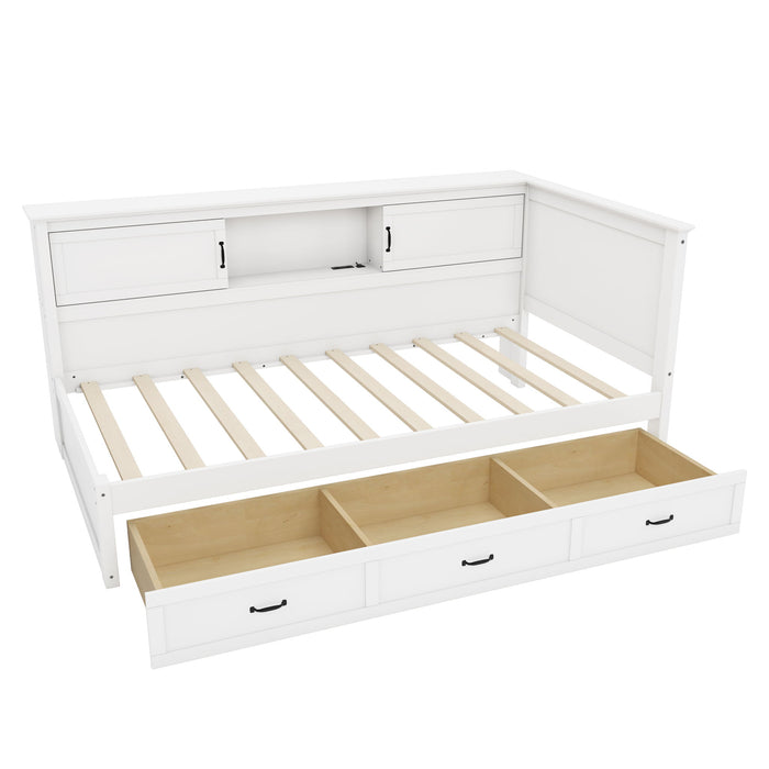 Twin Size L - Shaped Captain Bed With Drawer And Bookcase, LED Downlight And USB Charging Station - White